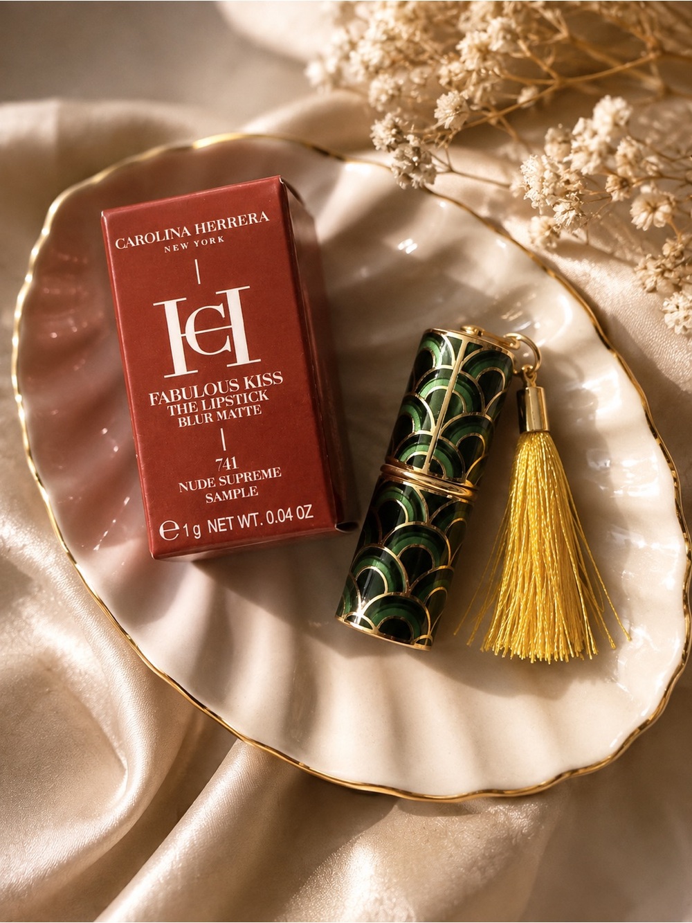 Carolina Herrera Green & Gold Lipstick Case with Yellow Tassel